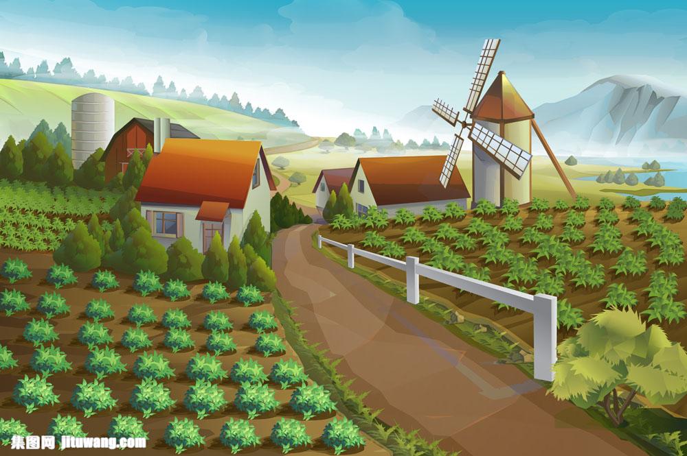 卡通农场风车风景插画矢量素材下载-其他-空间