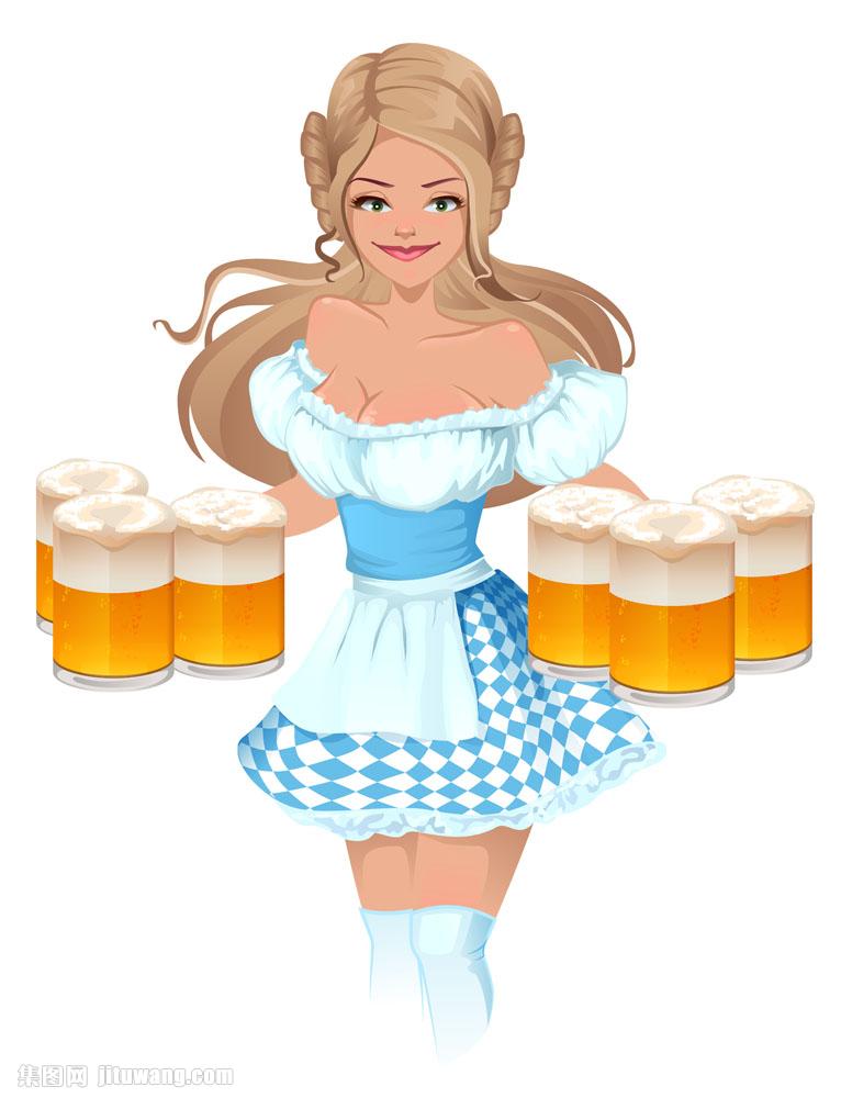 拿着啤酒的卡通女人