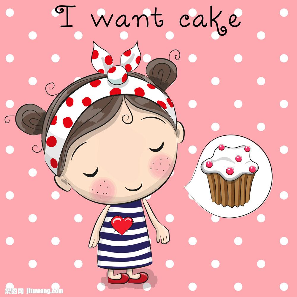想吃蛋糕的女孩矢量图片,粉色背景,波点背景,蛋糕,糕点,卡通图案,卡通