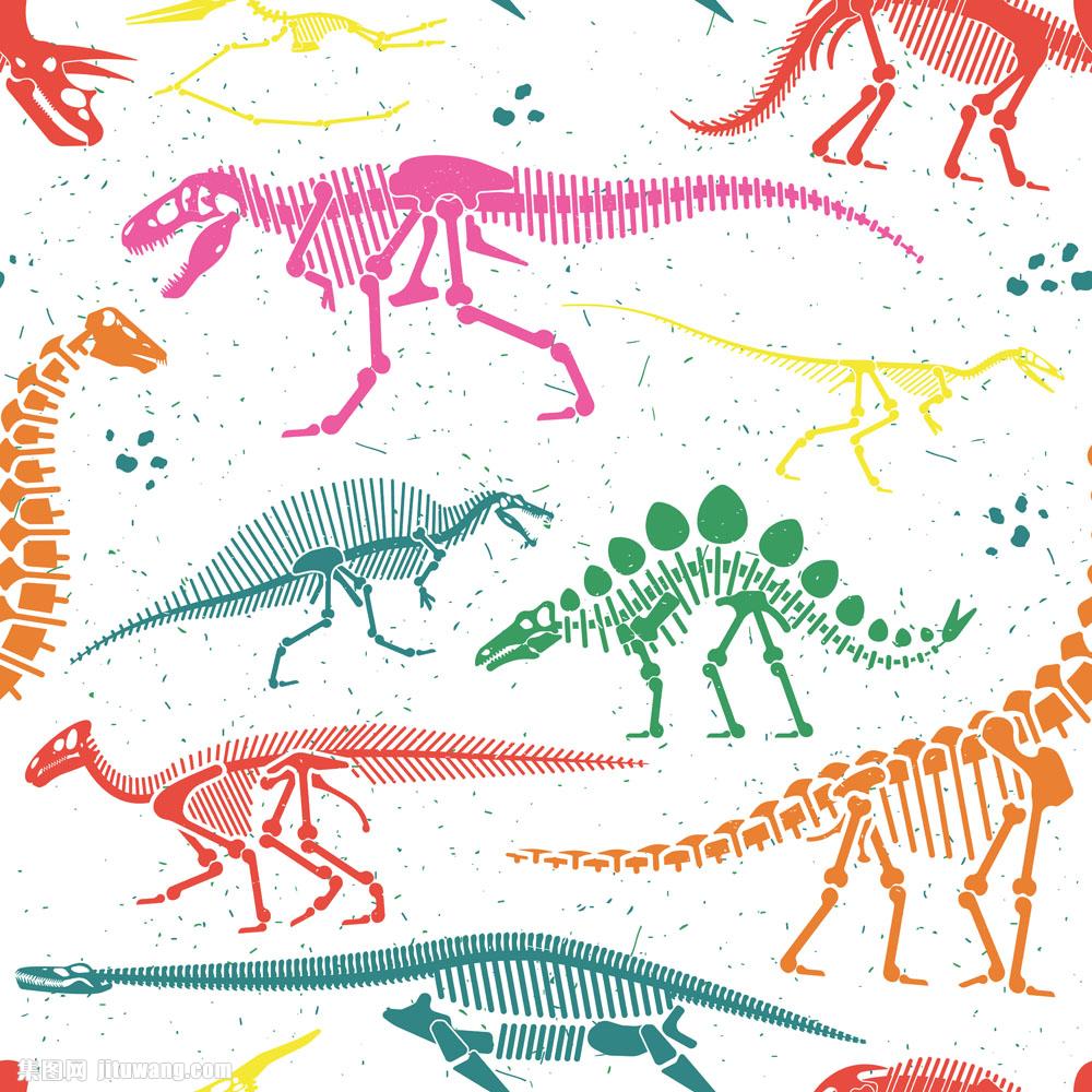 恐龙化石无缝拼接背景矢量素材下载-陆地动物-生物