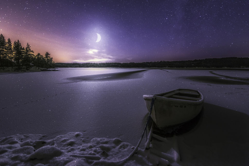湖泊小船夜晚风景 图片素材下载-自然风景-自然景观