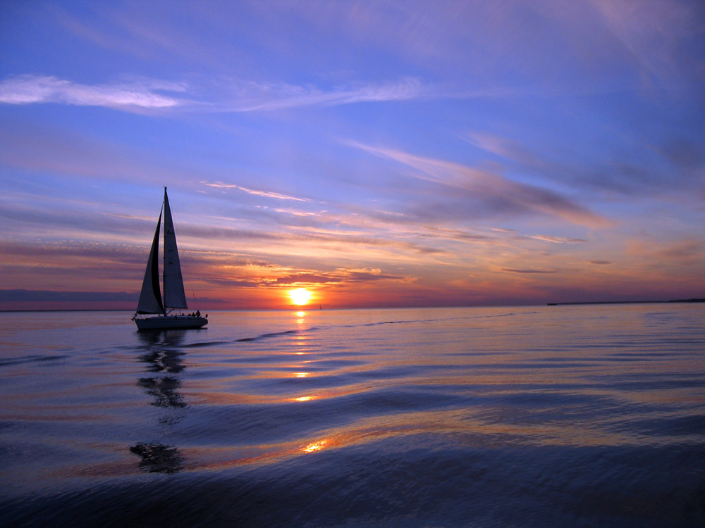 日出帆船图片