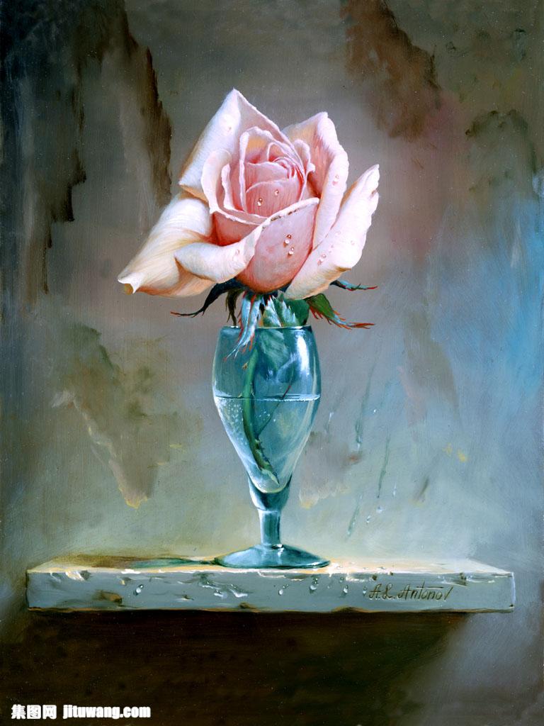 杯子里的玫瑰花油画