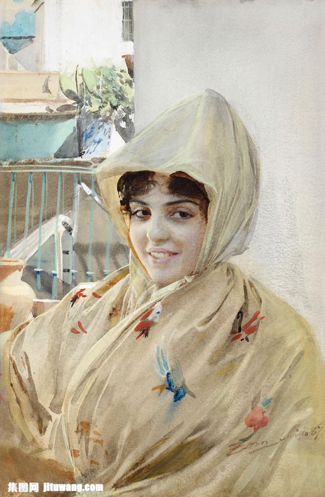 戴头巾的女人油画卡通图片