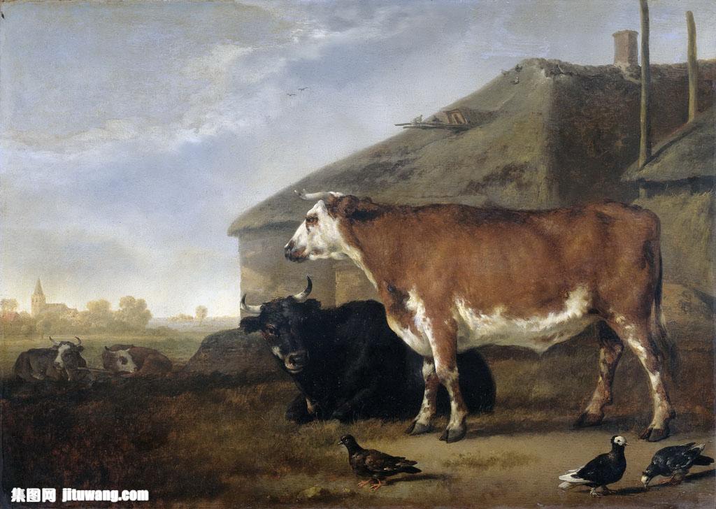 鸽子与奶牛油画