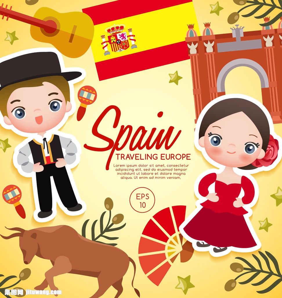 西班牙国旗,斗牛,卡通男孩,卡通女孩,卡通人物漫画,旅游漫画,其他人物