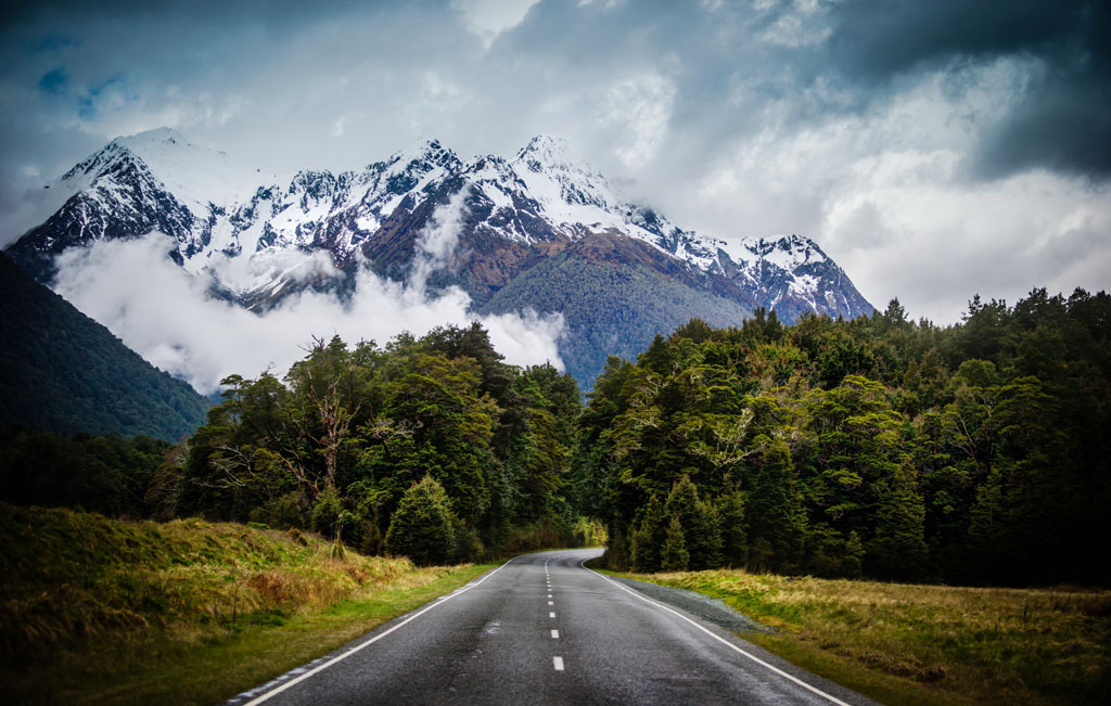 公路远方的雪山图片下载,树林风景,森林风景,雪山,公路,道路,马路